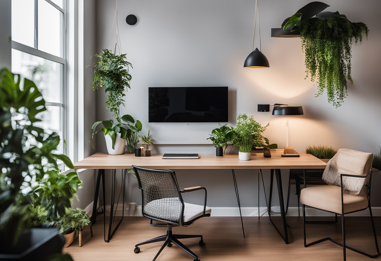 A modern office with a sleek desk, vibrant wall art, and a cozy seating area for client meetings. Plants and stylish decor add warmth to the space