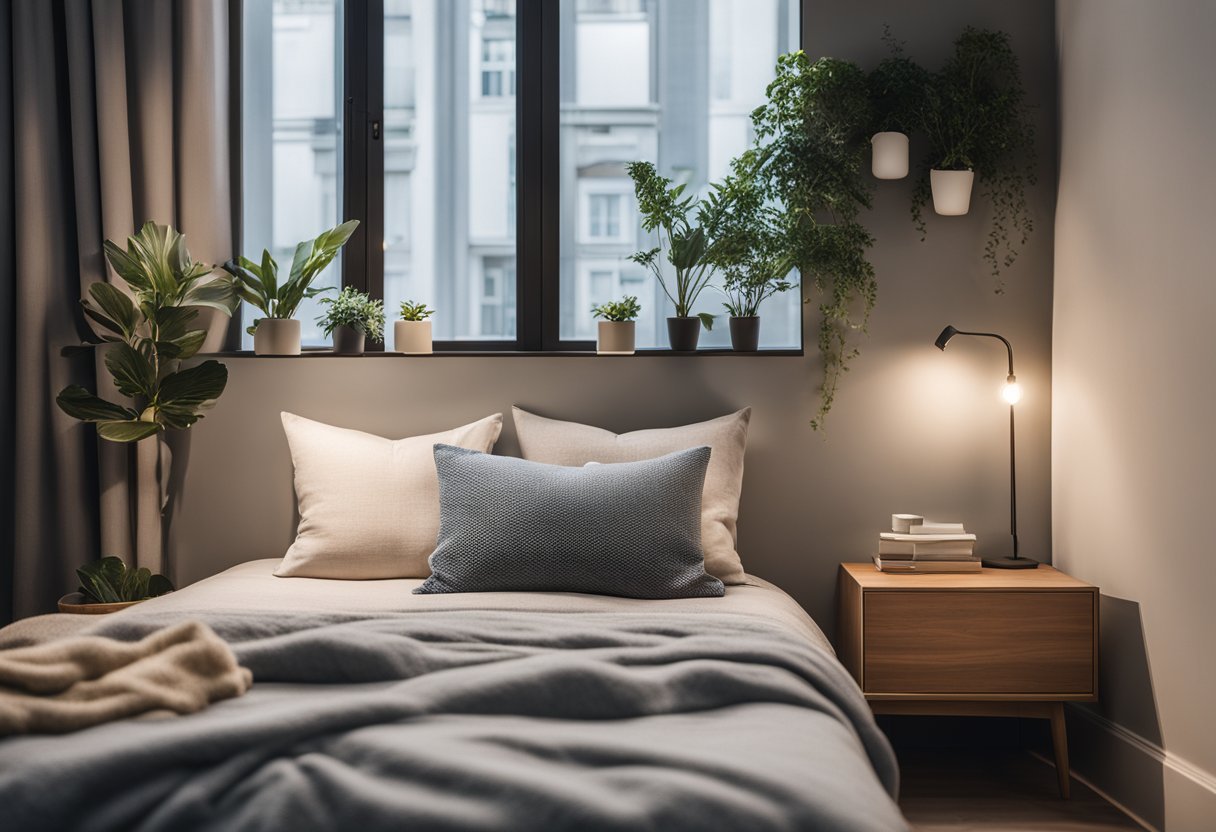 A cozy bedroom with minimalistic furniture, soft lighting, and natural elements like wood and plants. A neutral color palette with touches of blue and gray creates a serene and calming atmosphere