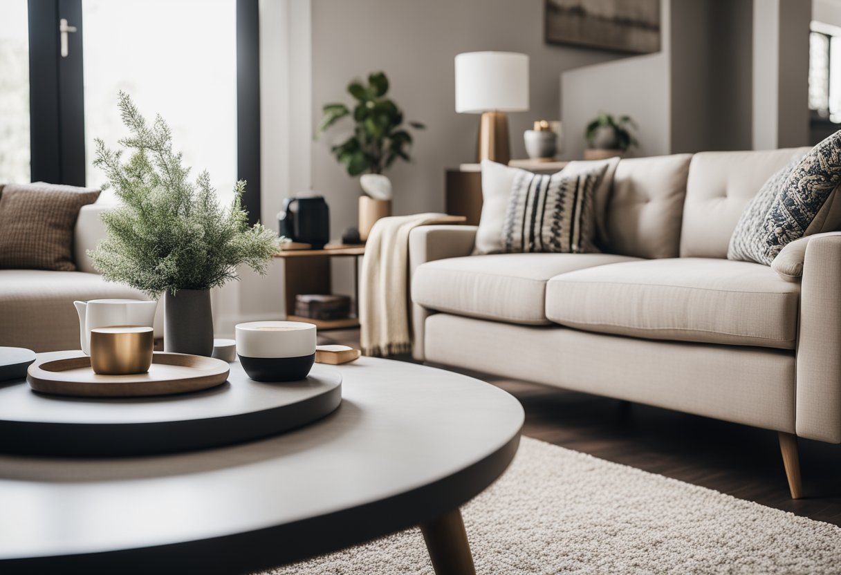 A cozy living room with neutral tones, natural light, and tasteful decor. A comfortable sofa, elegant coffee table, and stylish area rug complete the inviting space