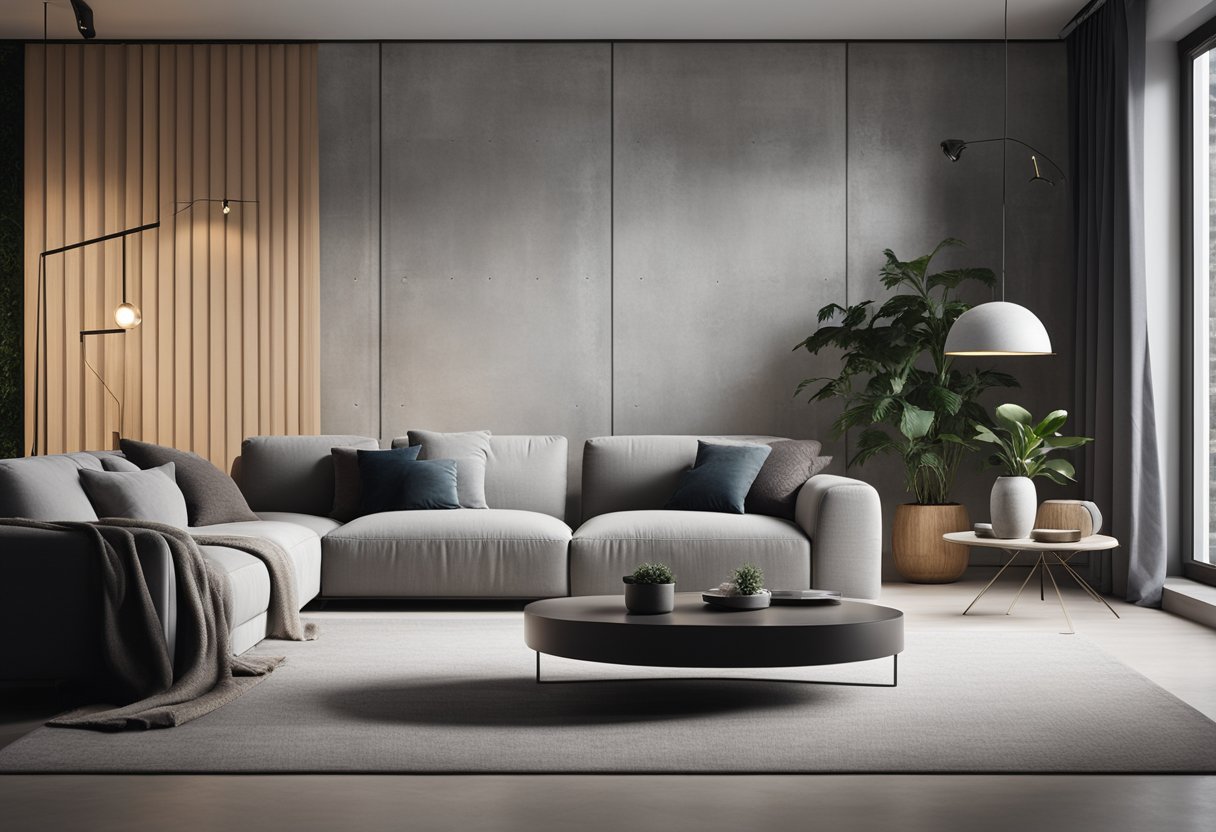 A modern living room with sleek concrete walls, minimalist furniture, and soft ambient lighting