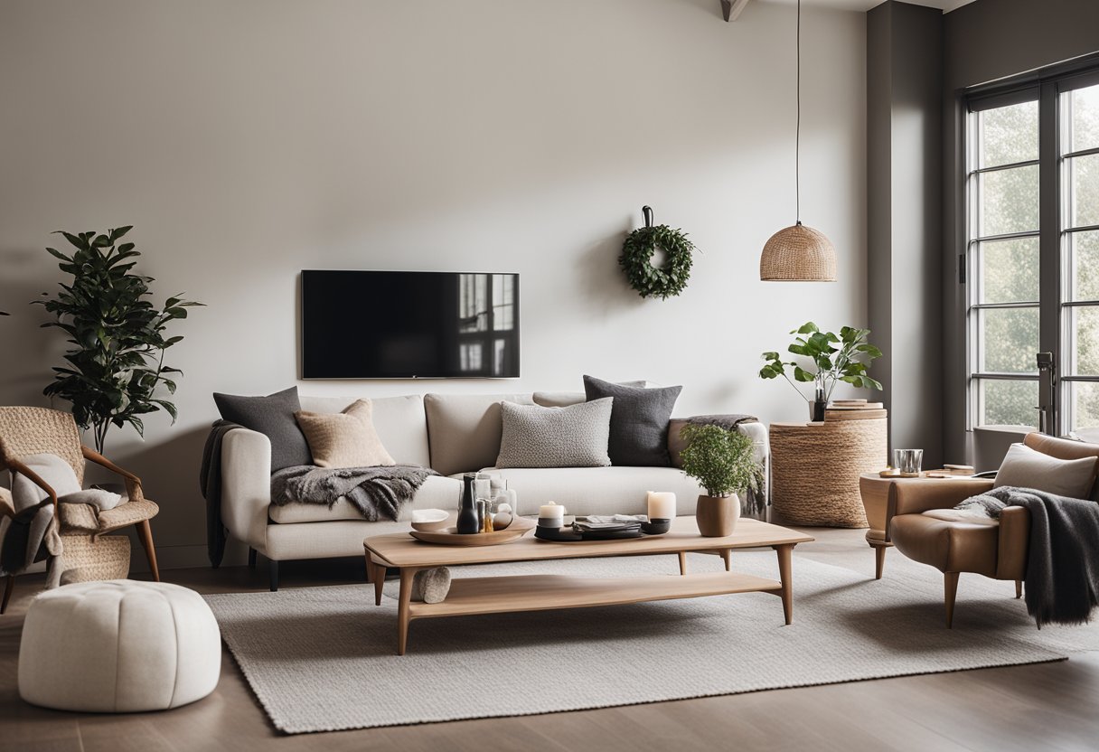 A cozy living room with minimalist furniture, neutral color palette, natural light, and clean lines. A fireplace and warm textiles add a touch of hygge