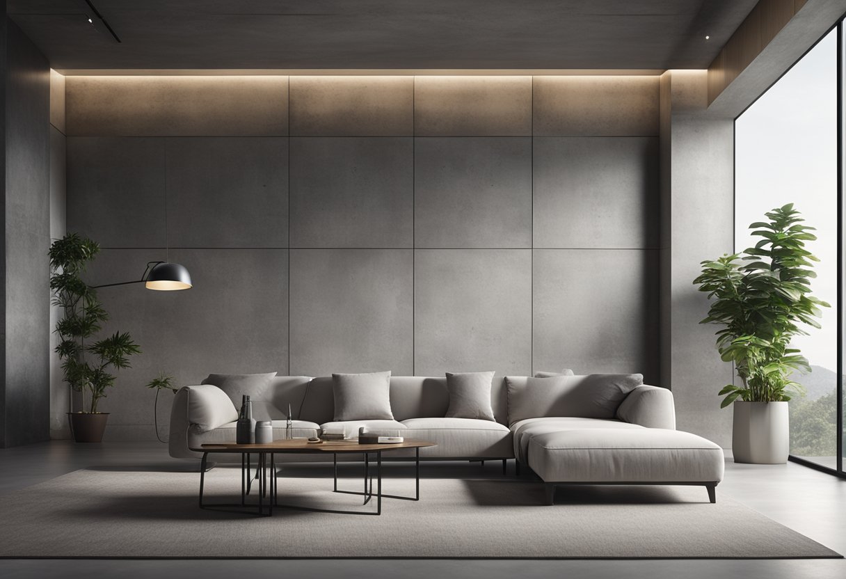 A modern concrete wall interior with clean lines, minimalistic furniture, and soft ambient lighting