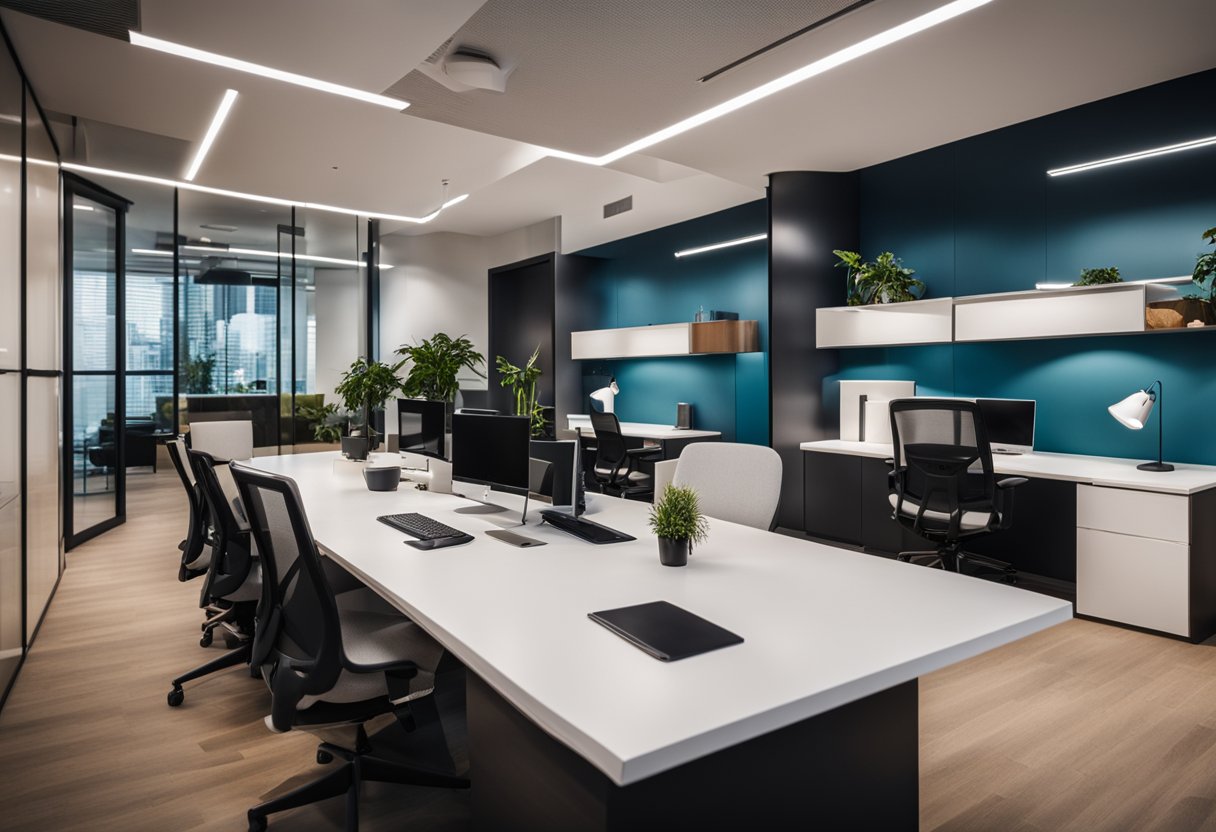A modern office space with stylish furniture and vibrant decor, showcasing a portfolio of successful interior design projects