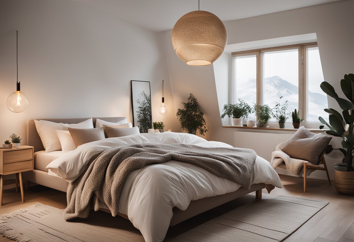 A cozy Nordic bedroom with minimalist furniture, natural materials, and soft, neutral colors. A large, fluffy duvet covers the bed, and a warm, glowing lamp illuminates the room