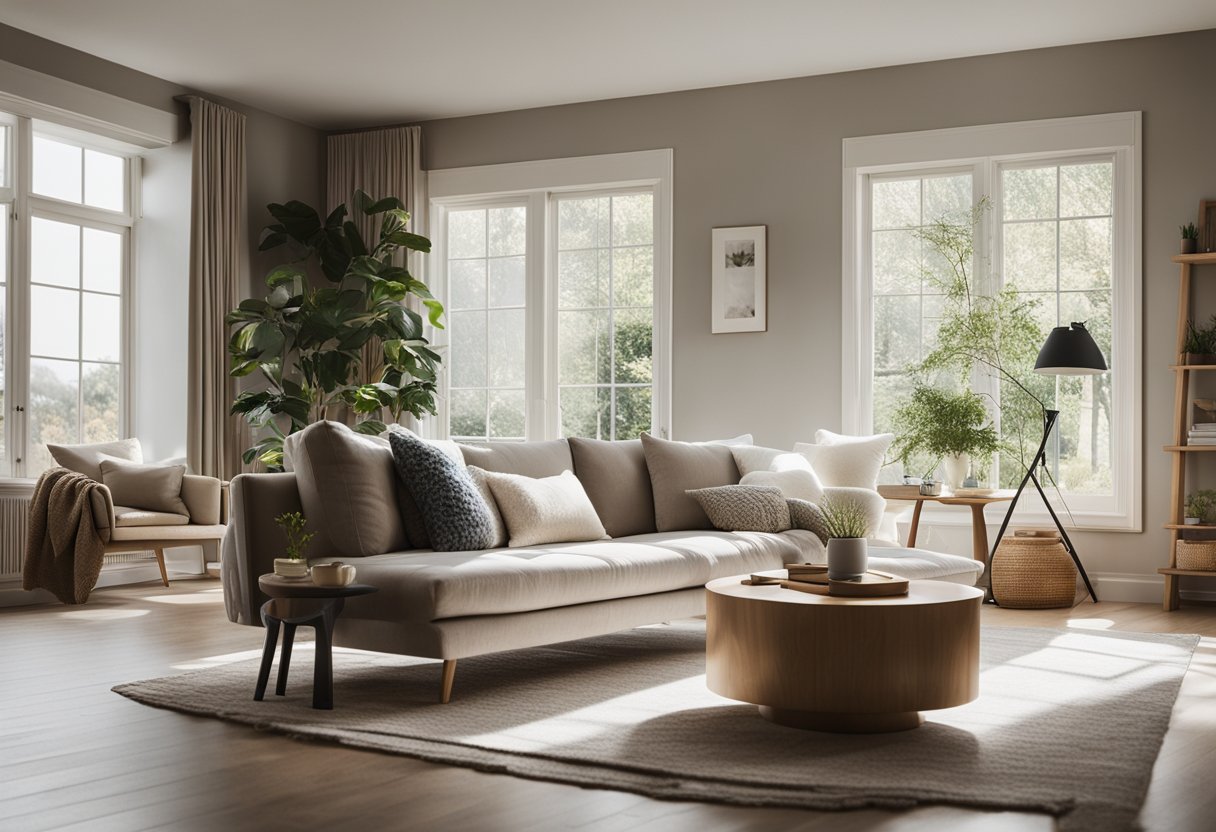 A cozy living room with minimalist furniture, neutral color palette, and natural light streaming in through large windows