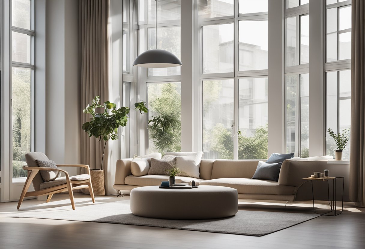 A modern, minimalist interior with sleek furniture and clean lines. A large window allows natural light to fill the space, creating a bright and airy atmosphere