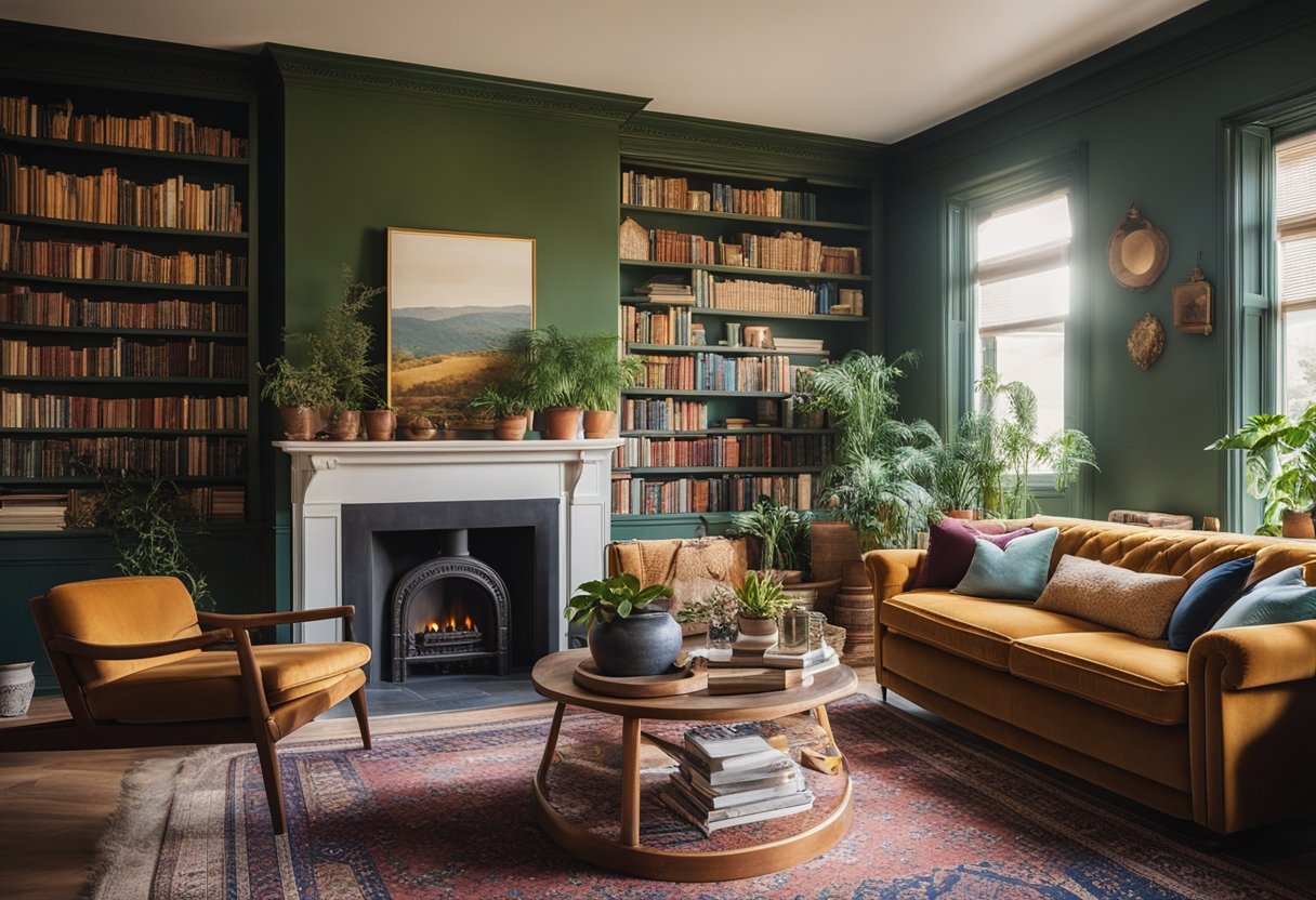 A sunlit living room with a cozy fireplace, plush velvet sofas, and a large bookshelf filled with colorful books and decorative items. A vintage rug and potted plants add warmth and character to the space