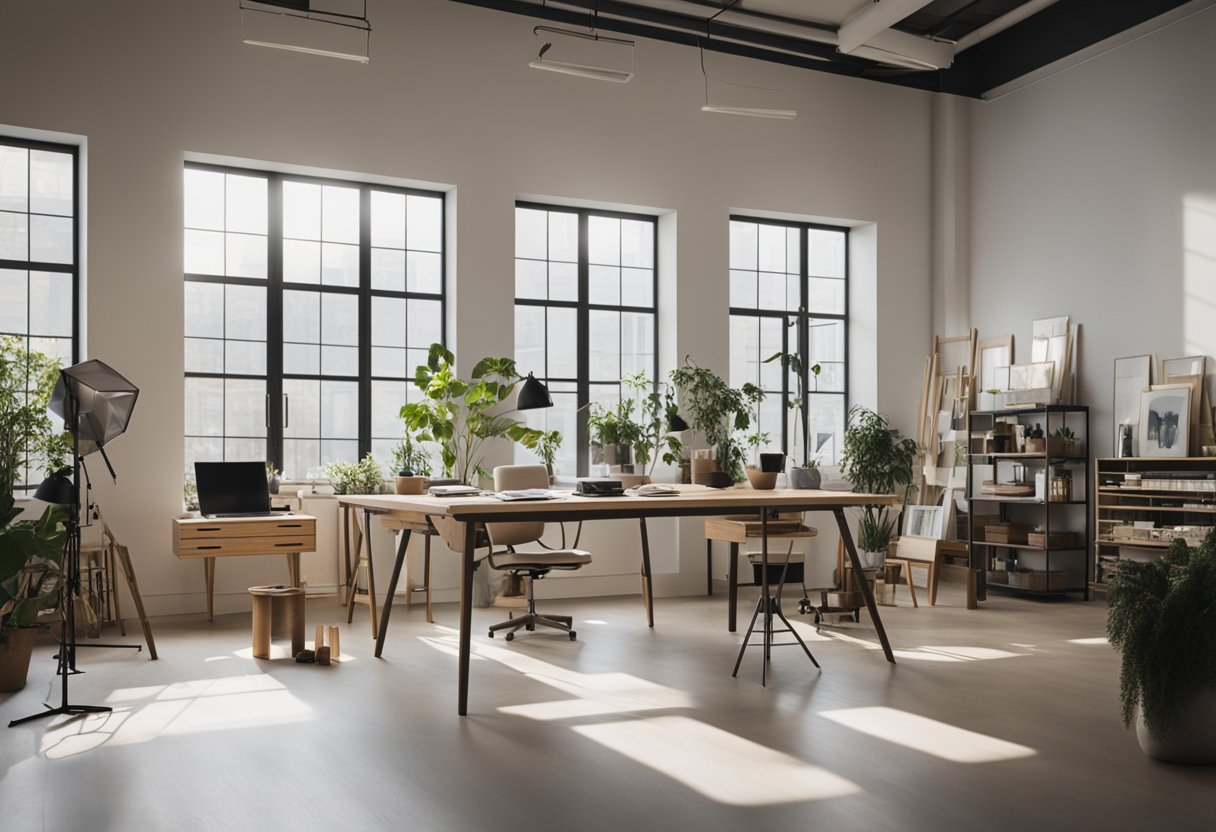 A spacious, well-lit studio with large windows, high ceilings, and modern, minimalist furniture. A palette of calming, neutral colors and plenty of storage space for art supplies