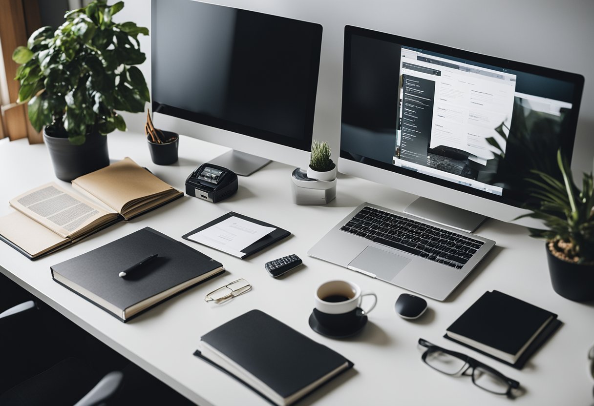 An organized workspace with design books, mood boards, and a computer for research and inspiration