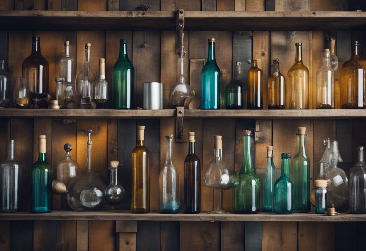 Various recycled materials, like reclaimed wood, glass bottles, and metal scraps, are creatively used in interior design. A wall adorned with colorful bottle bottoms, a coffee table made from old pallets, and a chandelier crafted from metal pipes