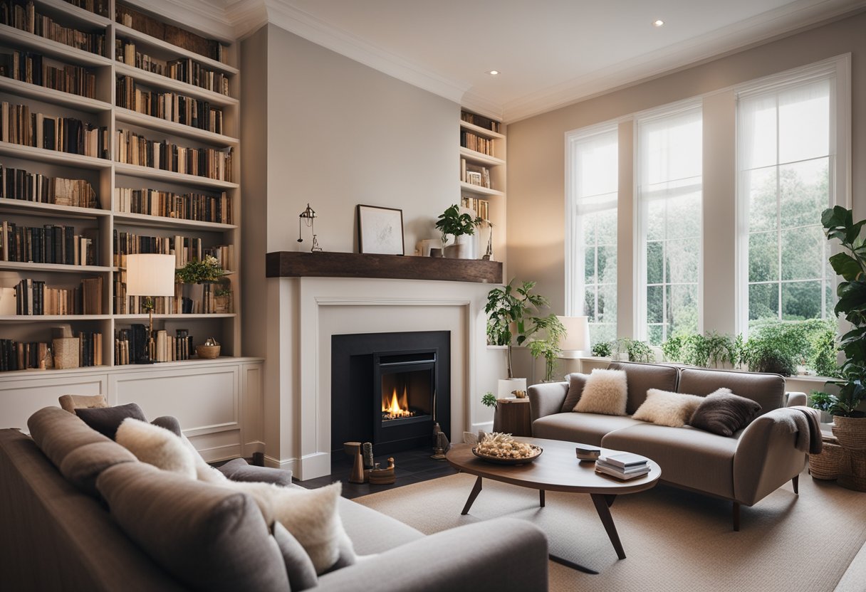 A cozy living room with a fireplace, plush sofas, and warm lighting. Bookshelves line the walls, and a large window overlooks a serene garden