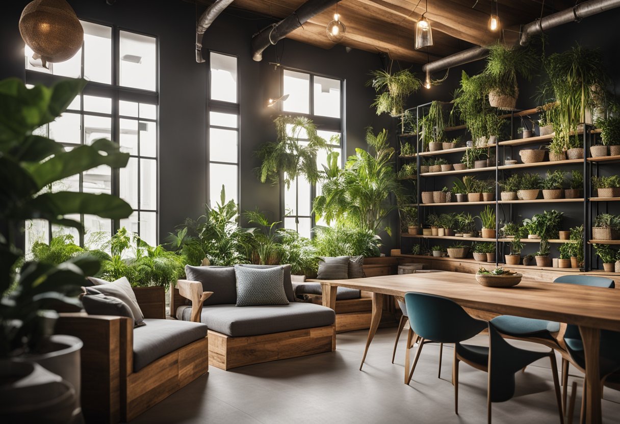 A room with furniture made from recycled wood, metal, and fabric. Natural light and plants enhance the sustainable atmosphere