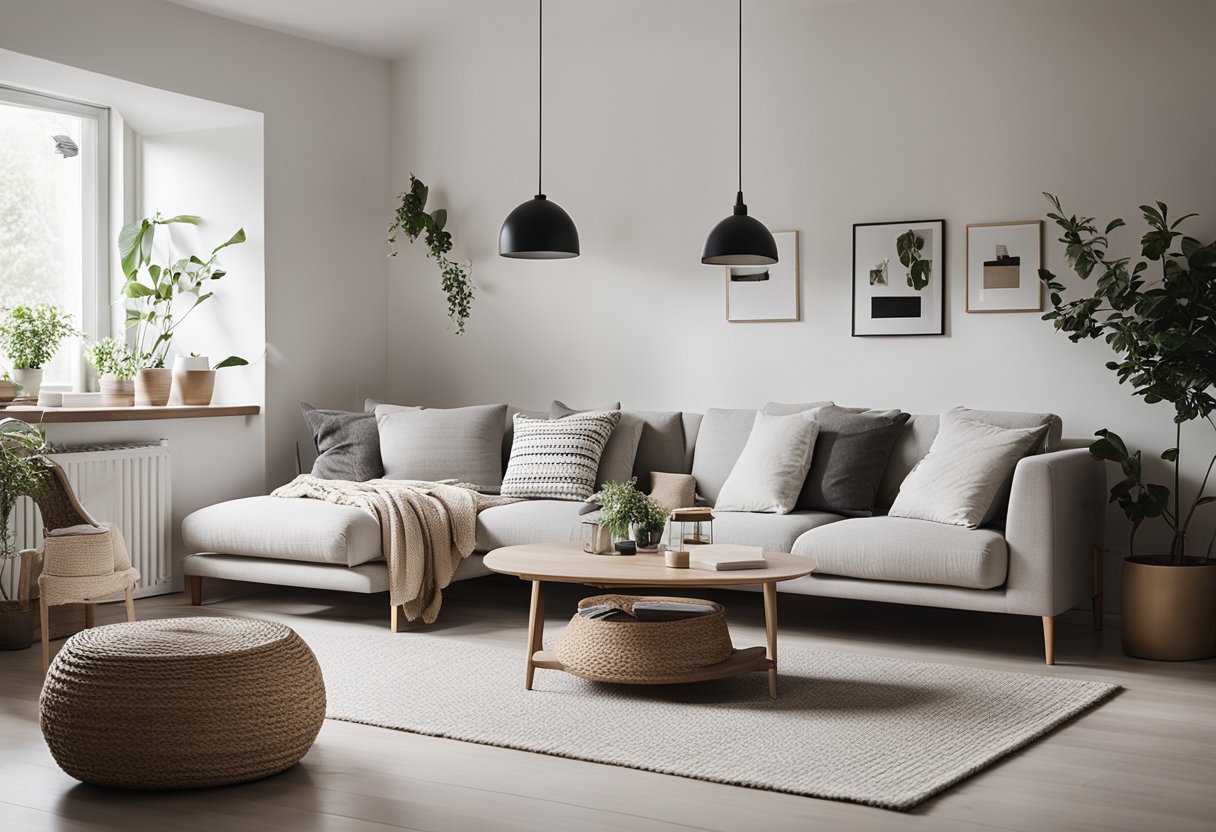 A cozy Scandinavian house interior with minimalist furniture, natural light, and neutral color palette