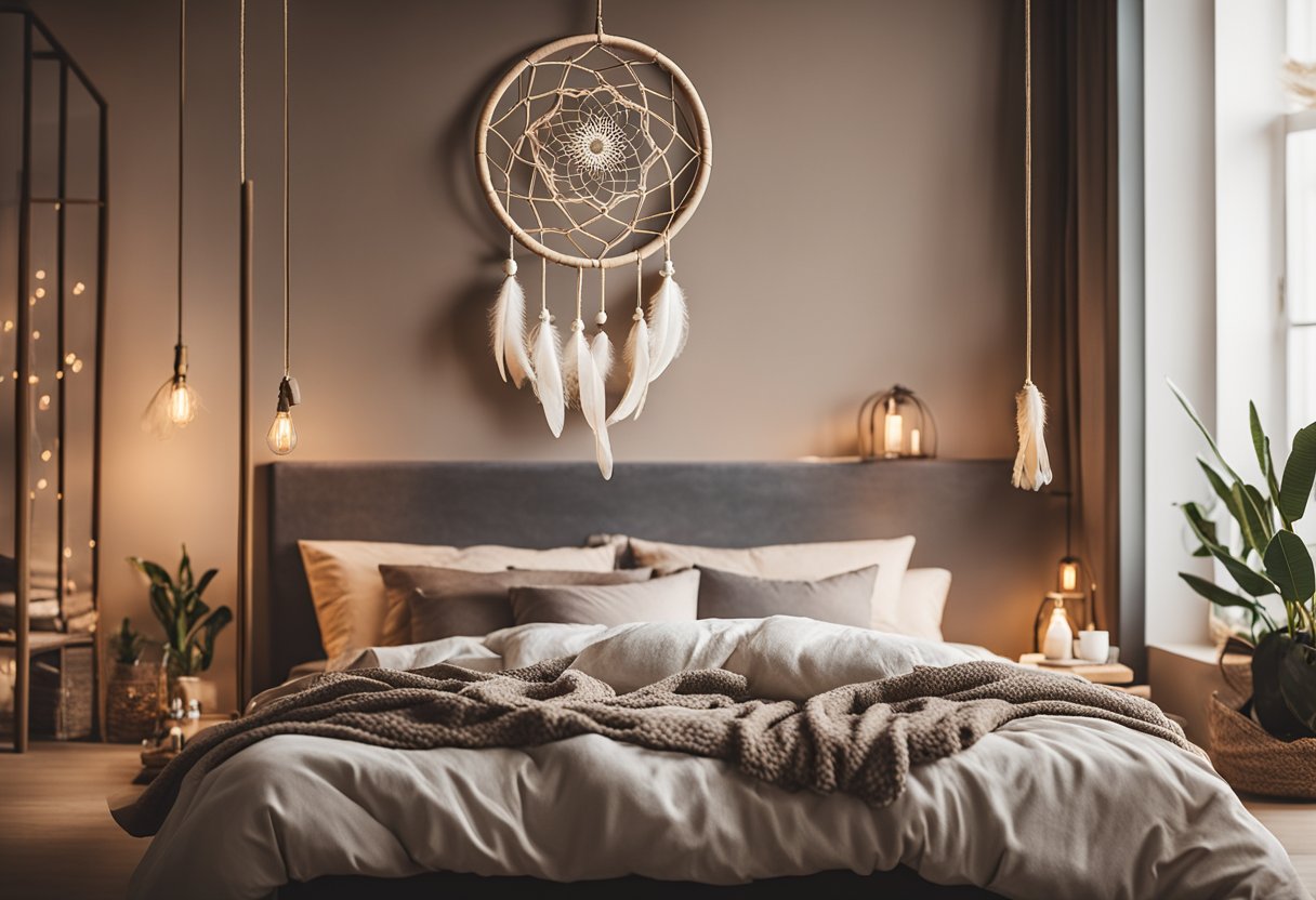 A cozy bedroom with a dreamcatcher hanging above the bed. Soft, warm colors and natural materials create a peaceful and inviting atmosphere
