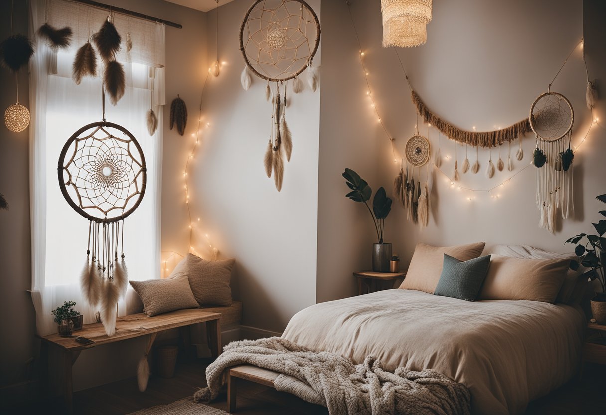 A cozy bedroom with a large dreamcatcher hanging above the bed, soft lighting, and bohemian decor