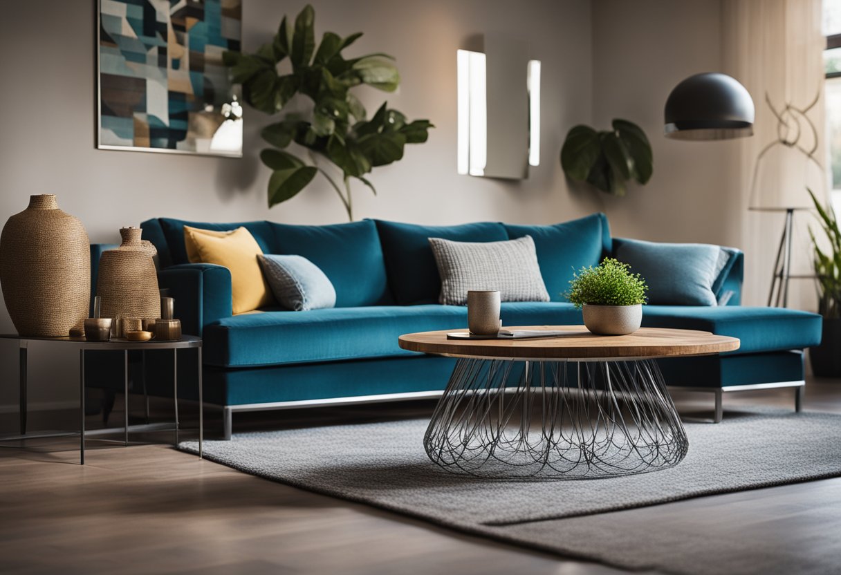 A modern living room with a sleek sofa made from recycled wood and metal, a coffee table crafted from repurposed glass, and a stylish rug woven from recycled plastic fibers