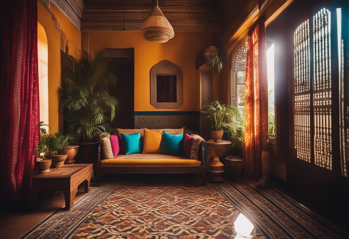 A cozy Indian home with vibrant colors, ornate furniture, and traditional decor. Sunlight streams in through the intricately patterned curtains, casting warm shadows on the tiled floors