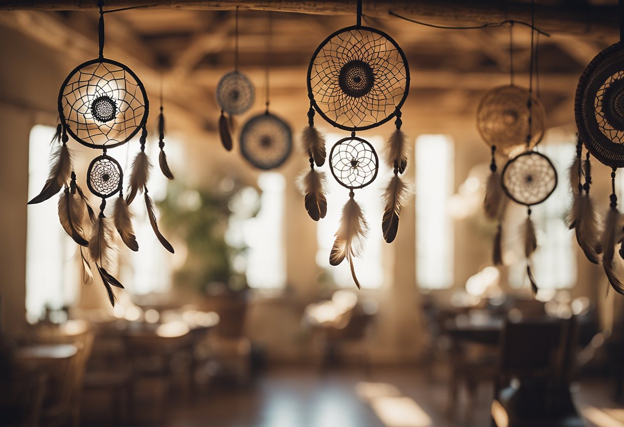 Dreamcatcher Designs' interior: dreamcatchers hang from the ceiling, casting intricate shadows. The room is filled with soft, natural light, and the walls are adorned with handwoven tapestries