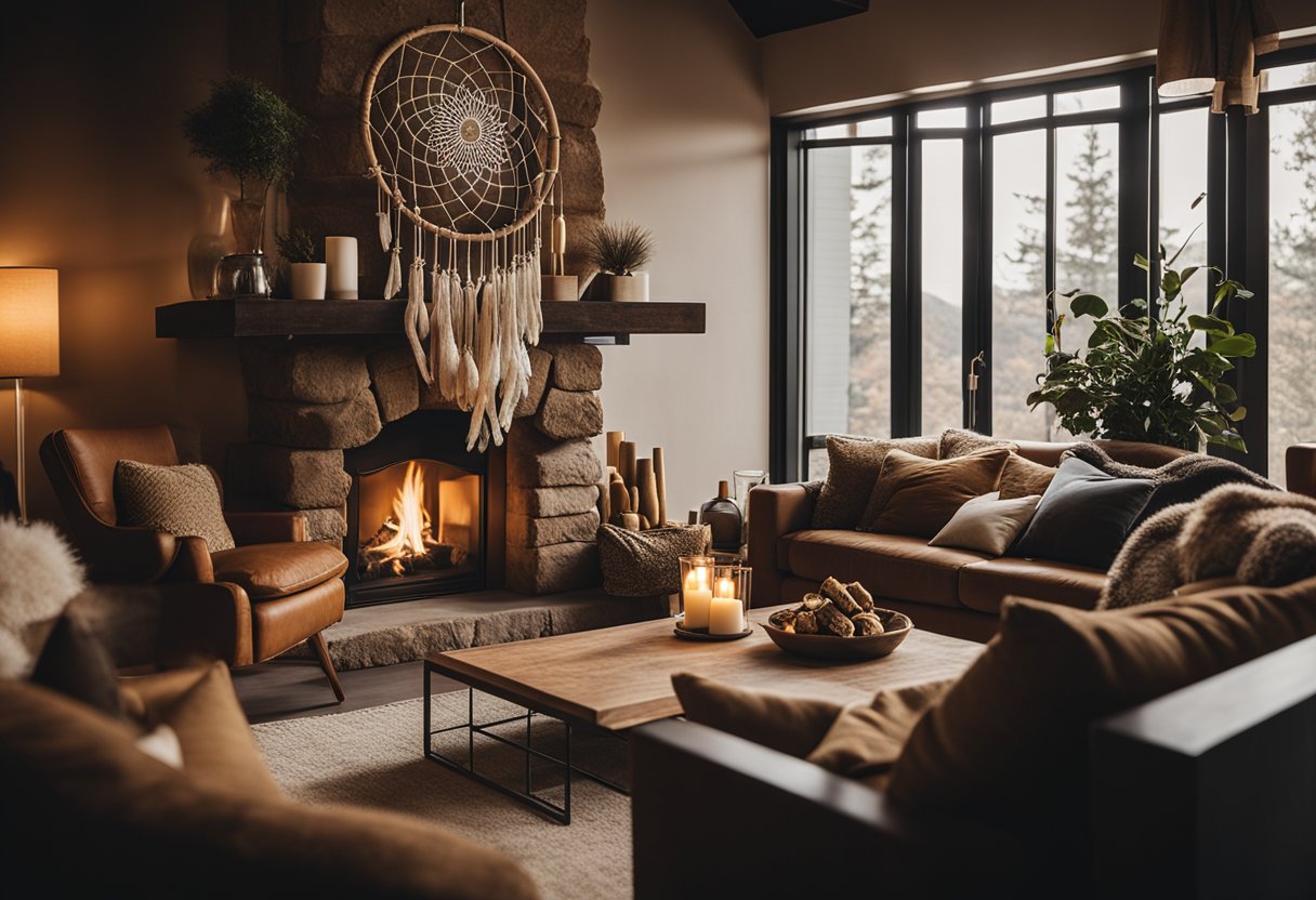 A cozy living room with a large dreamcatcher hanging above a fireplace, surrounded by plush pillows and warm earthy tones