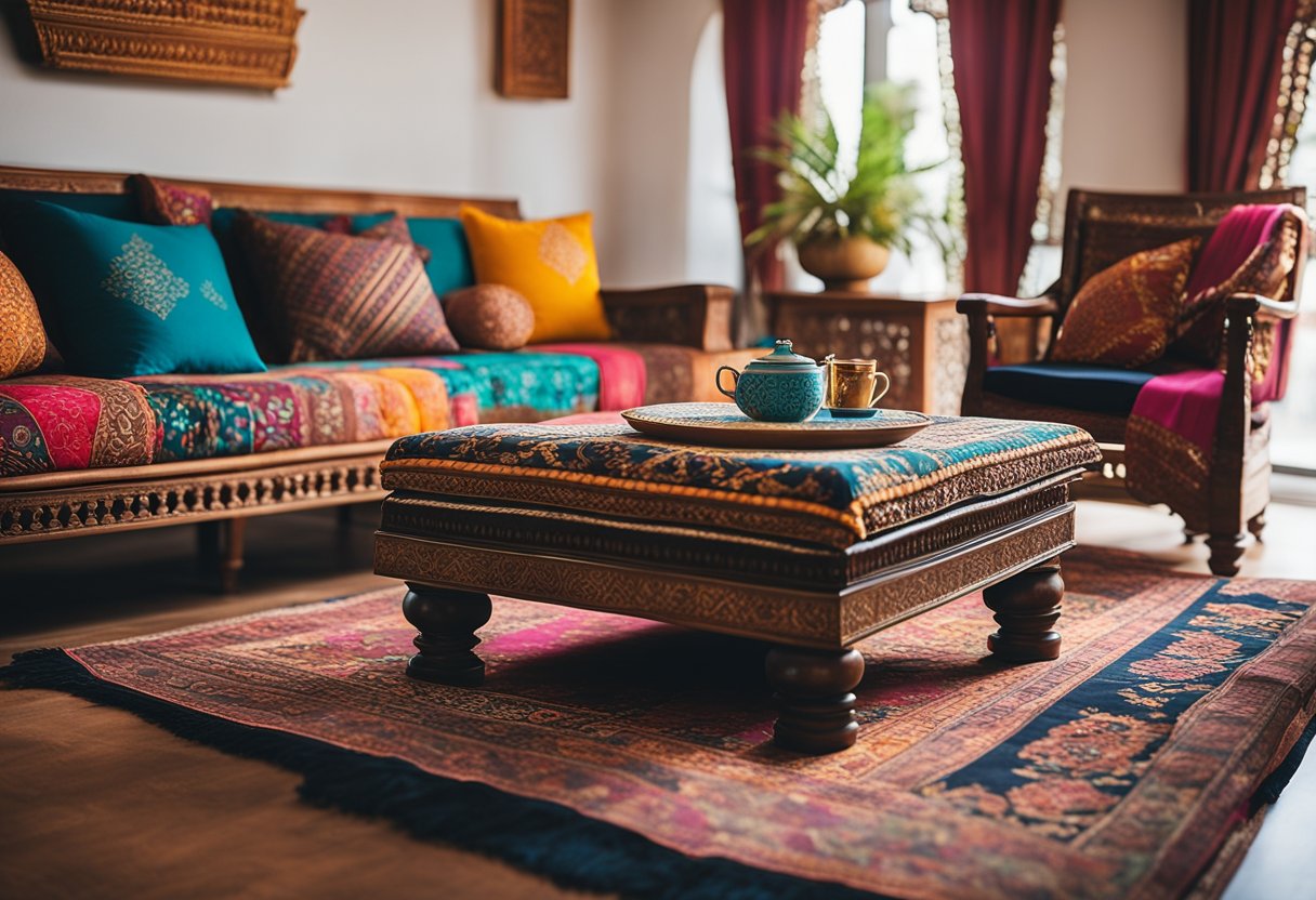A living room with vibrant colors, intricate patterns, and traditional Indian furniture. A low wooden coffee table surrounded by floor cushions. Bright textiles and ornate decor adorn the space