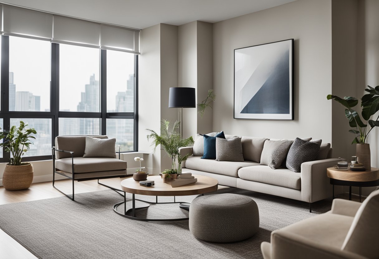 A spacious studio condo with modern furnishings, a neutral color palette, and strategic space-saving solutions. Large windows flood the room with natural light, creating a bright and airy atmosphere