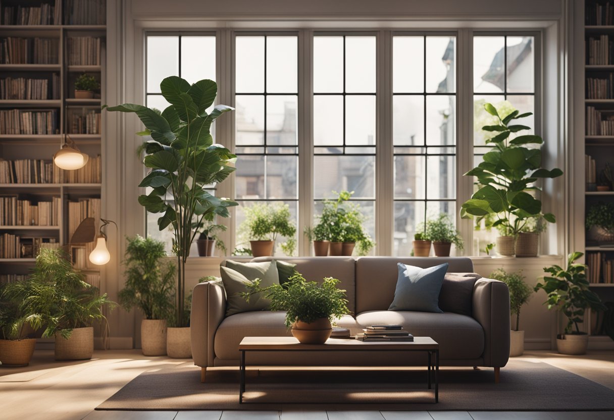 A cozy living room with warm lighting, a comfortable sofa, and a bookshelf filled with design books. A large window lets in natural light, and potted plants add a touch of greenery