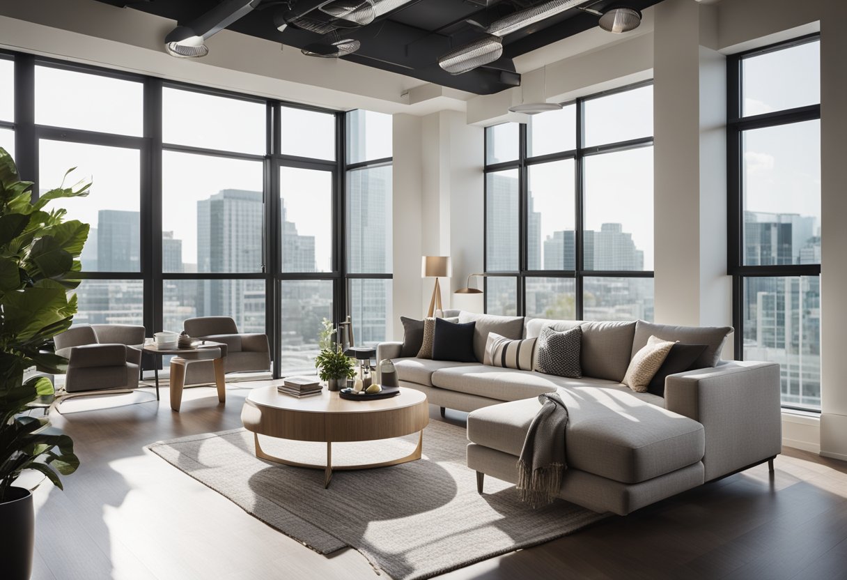 A modern, open-concept studio condo interior with sleek furniture, a neutral color palette, and plenty of natural light streaming in through large windows