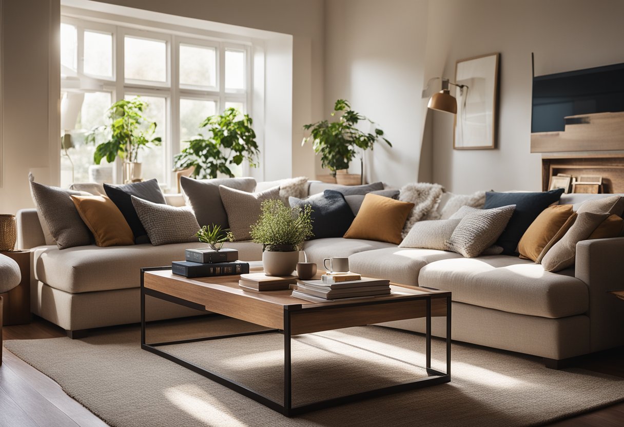 A cozy living room with a large, plush sofa, a coffee table with art books, and a soft rug. Sunlight streams in through the window, casting a warm glow over the space