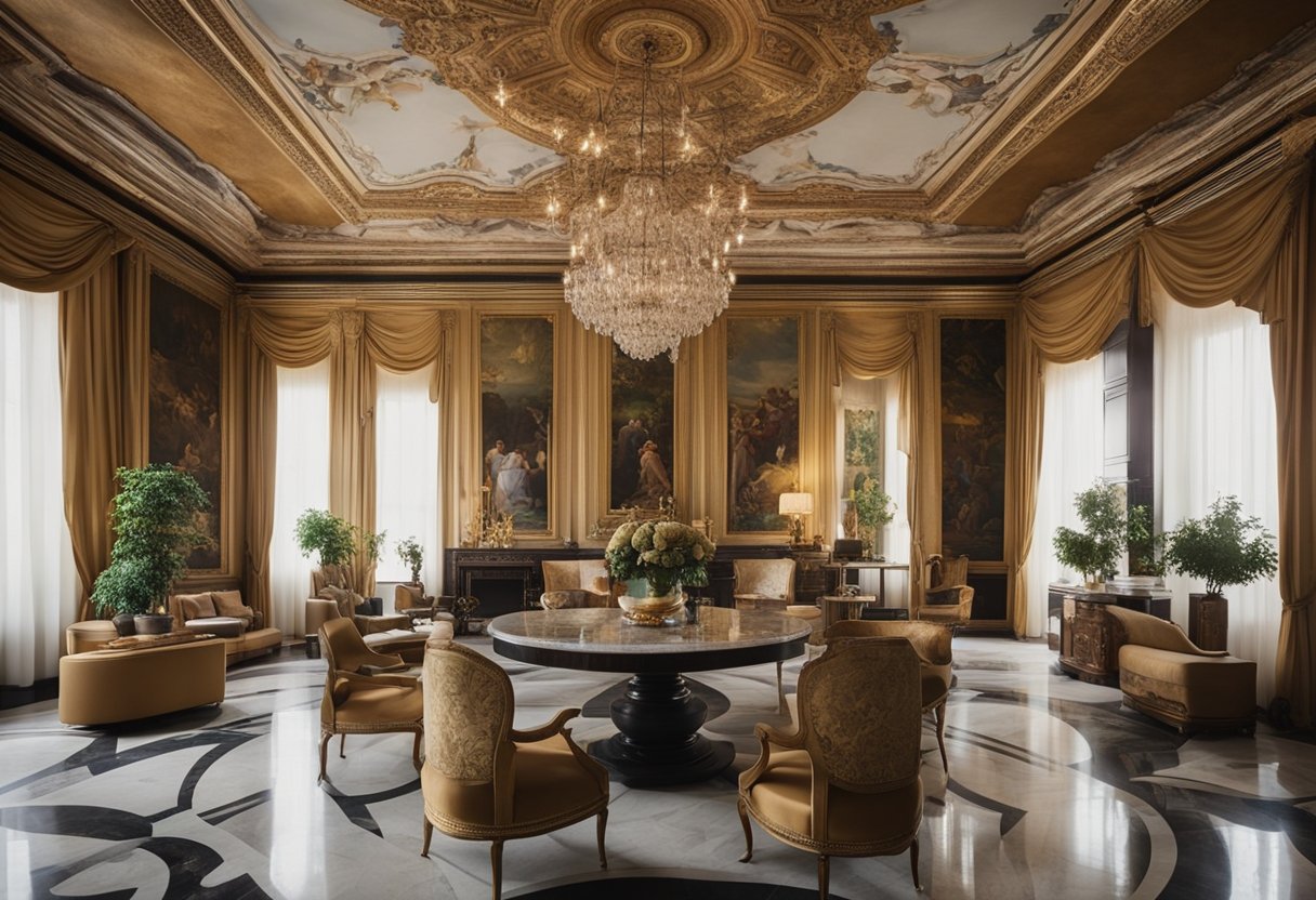 The room features ornate furniture, marble floors, and intricate frescoes on the ceiling, showcasing the opulent and timeless style of iconic Italian interior designers