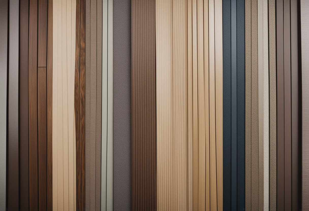A material board showcasing various textures and colors for interior design