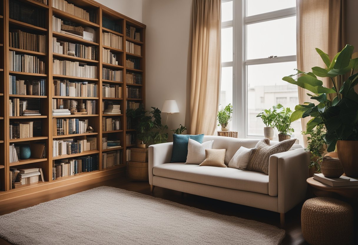 A cozy living room with a plush sofa, warm lighting, and a decorative rug. A bookshelf filled with books and personal mementos. A large window lets in natural light, with curtains billowing gently in the breeze
