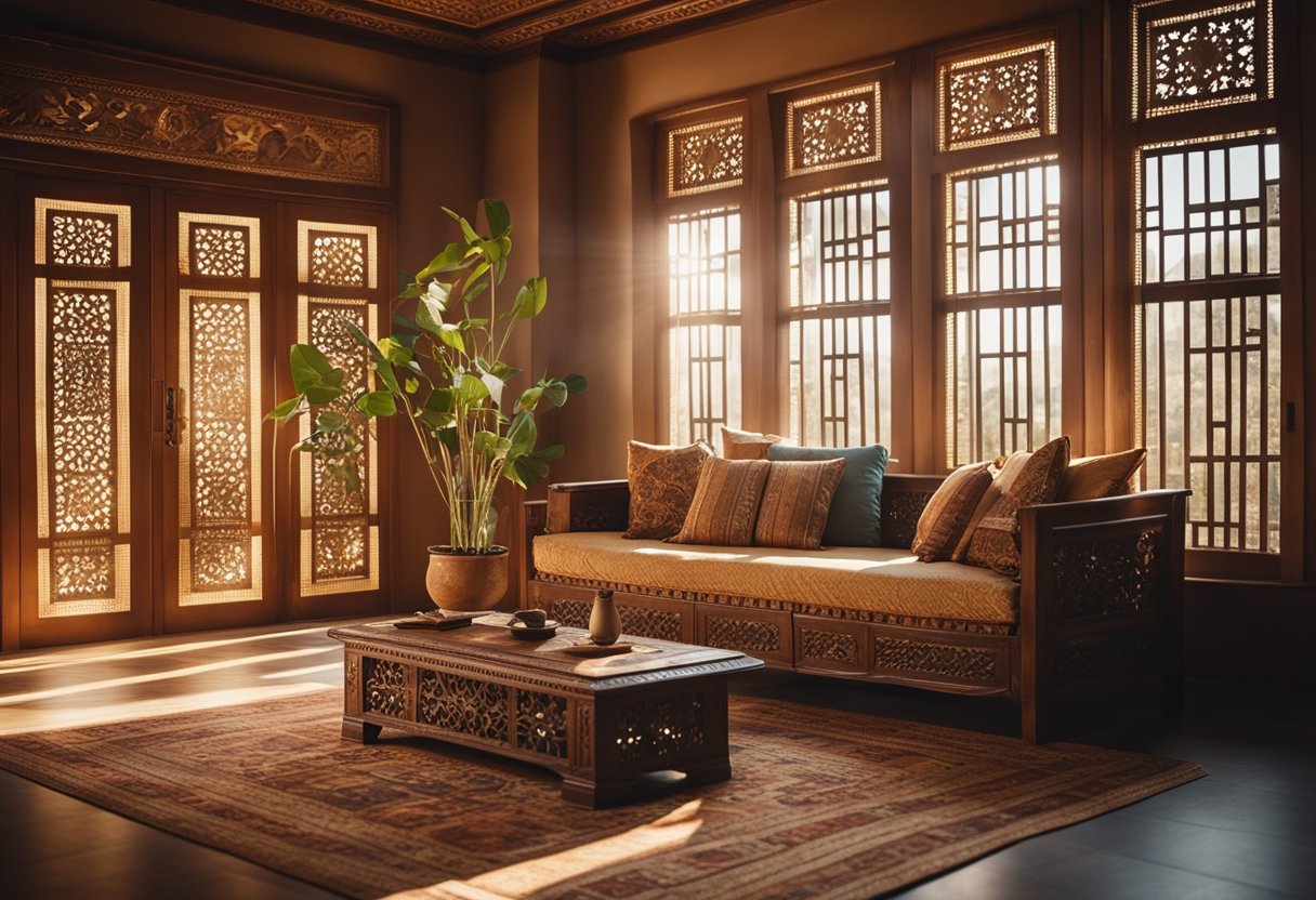 A cozy living room with warm earth tones, traditional Indian textiles, and intricate wood carvings. Sunlight streams through ornate windows, casting beautiful patterns on the floor