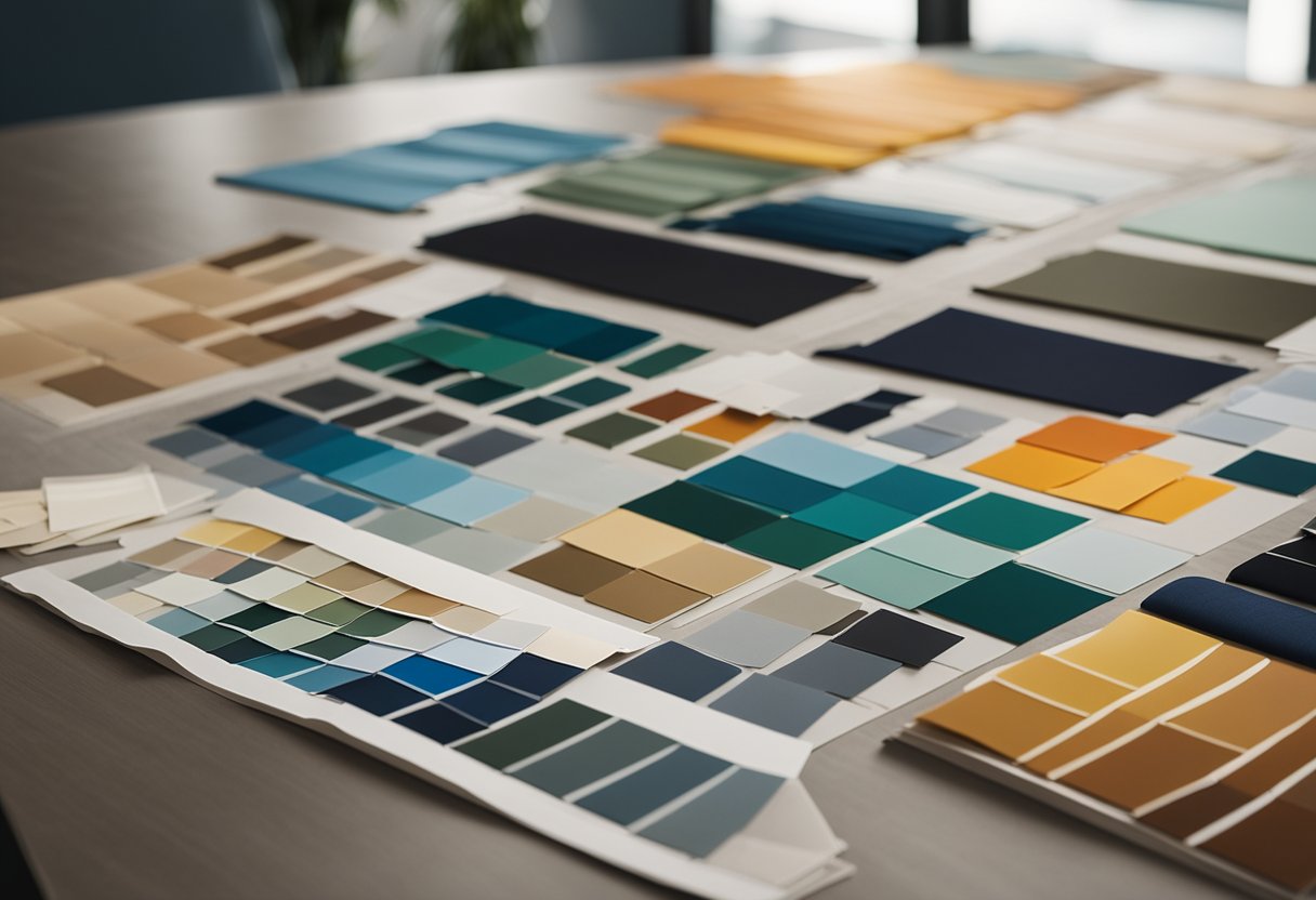 A material board with fabric swatches, paint samples, and flooring options laid out on a table in a well-lit room