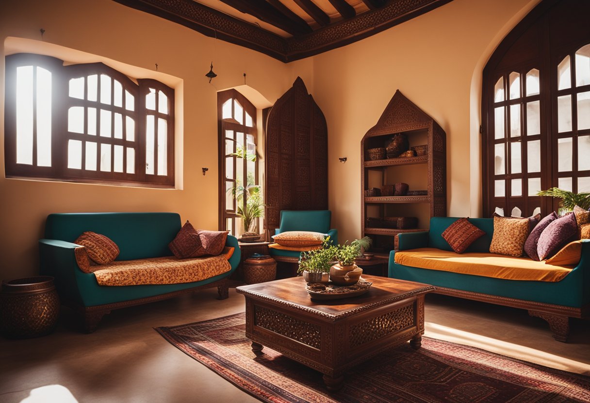 A cozy Indian home with traditional decor, warm earthy tones, intricate wooden furniture, and colorful textiles. Bright natural light filters in through ornate windows, creating a welcoming and serene atmosphere