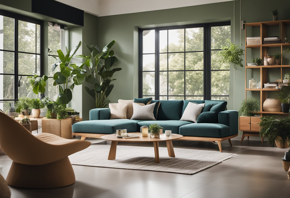 A modern living room with eco-friendly furniture, plants, and natural lighting. Sustainable materials and innovative decor create a stylish, environmentally conscious interior