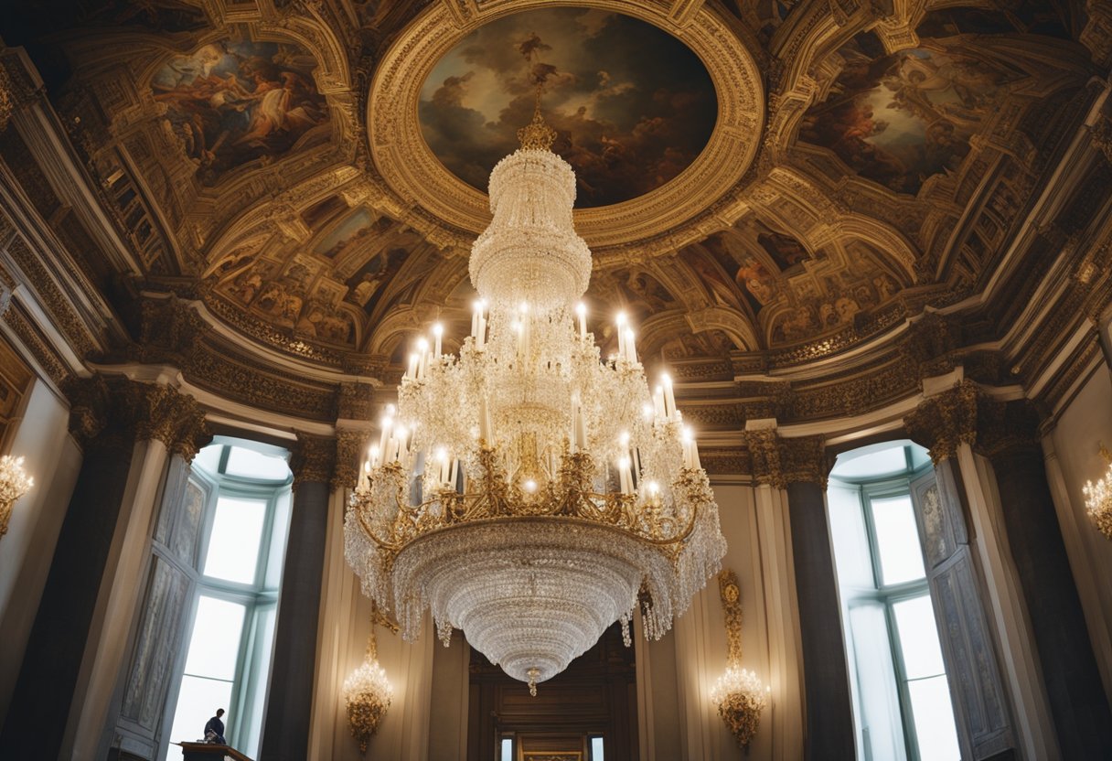 A grand, ornate chandelier hangs from the high ceiling of a luxurious, opulent room adorned with intricate frescoes, marble columns, and elegant, classical furniture