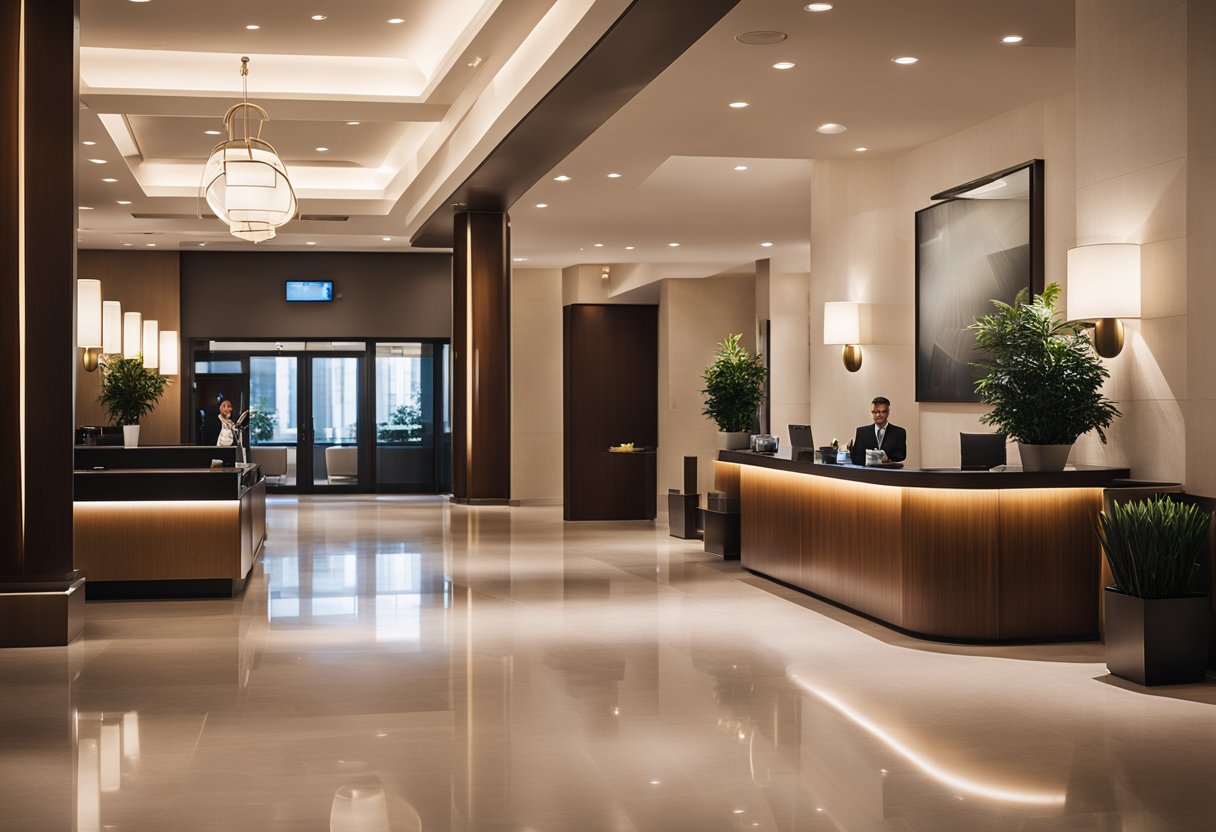 The hotel lobby features modern furniture, sleek lighting, and a neutral color palette. A large reception desk and comfortable seating areas create an inviting atmosphere