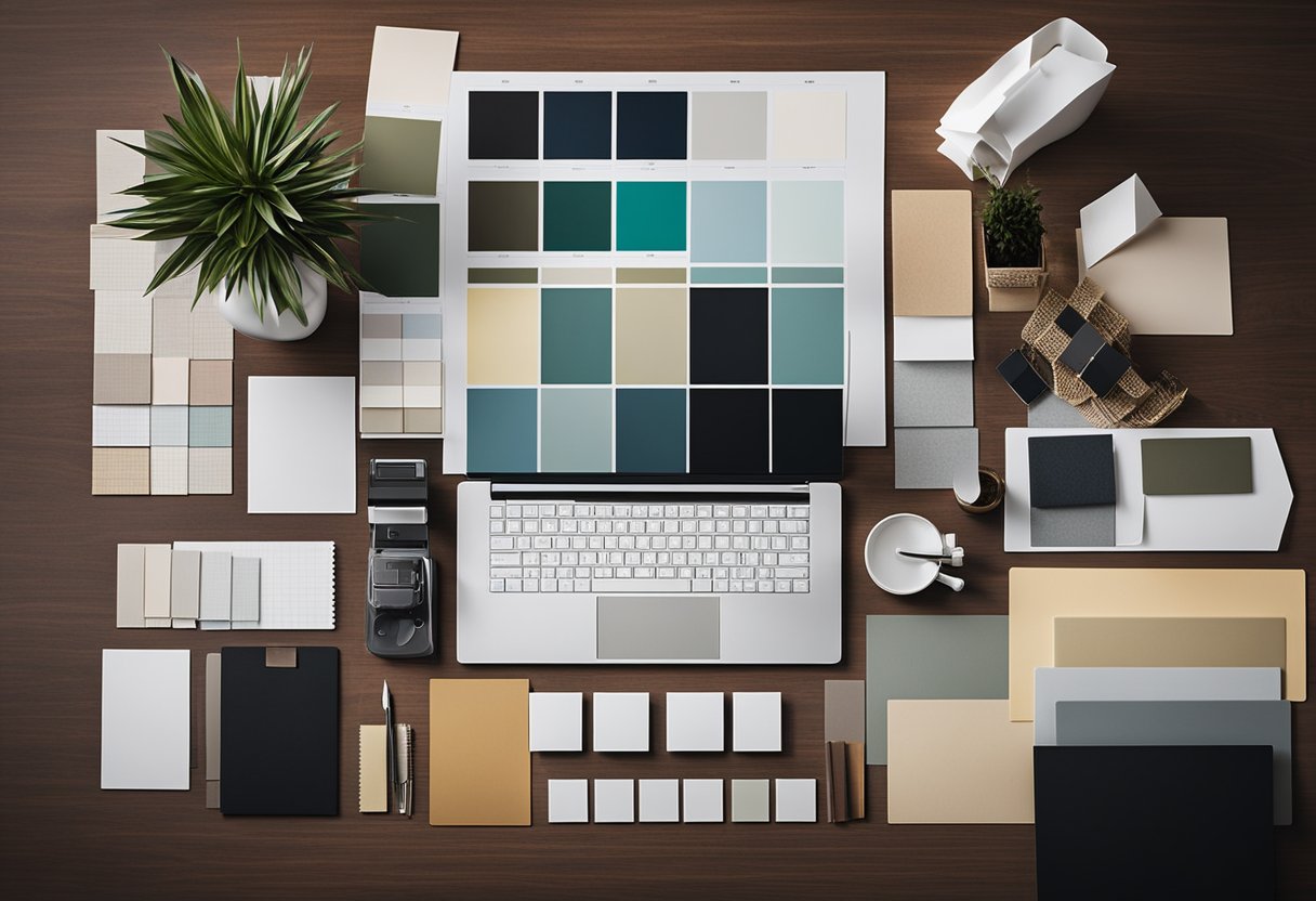 A material board displayed on a clean, modern table with swatches, samples, and design elements arranged neatly for an interior design concept presentation