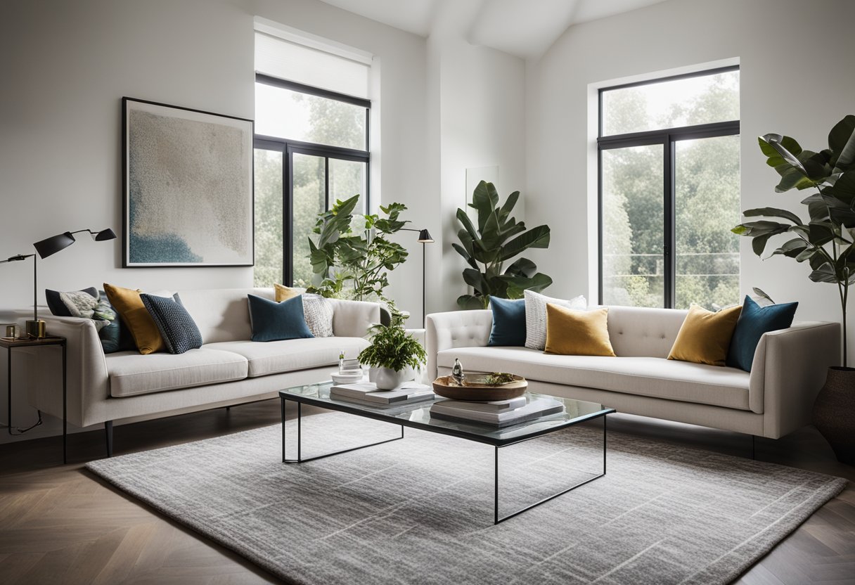 A modern living room with a sleek sofa, abstract artwork, and a statement rug. Natural light floods in from large windows, showcasing the elegant and inviting space