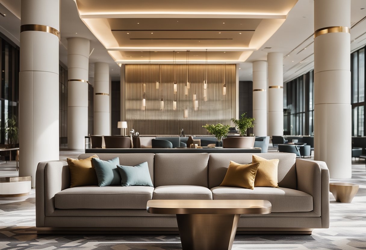 A modern hotel lobby with sleek furniture, muted color palette, and geometric patterns. Large windows let in natural light, creating a bright and inviting space