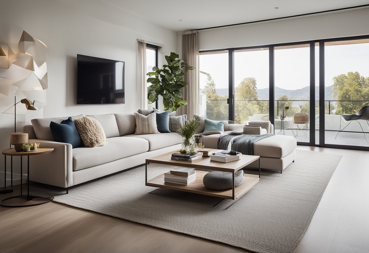 A sleek, modern living room with clean lines, neutral colors, and pops of vibrant accents. A large window lets in natural light, showcasing the comfortable and inviting space