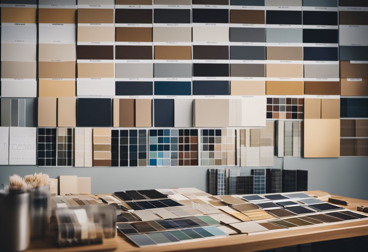 A material board with various samples and swatches arranged on a table in an interior design studio