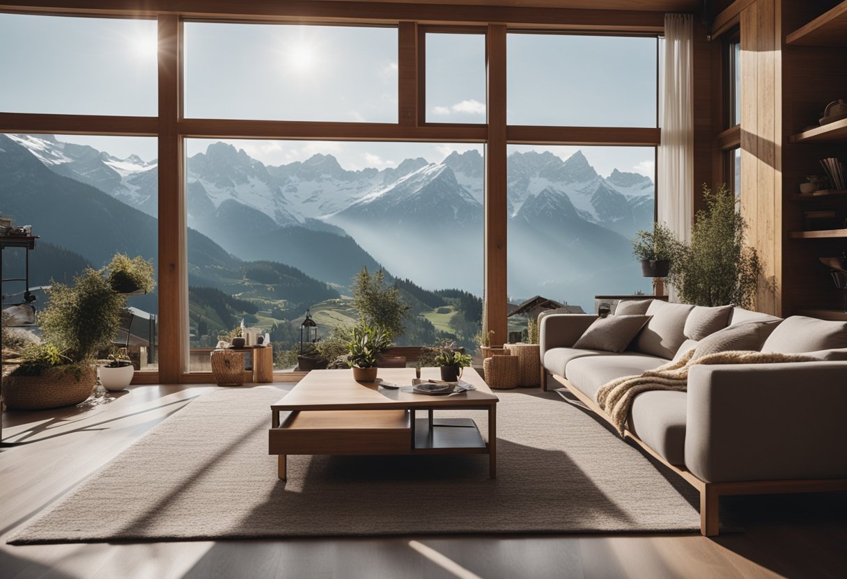 A cozy living room with neutral tones, wooden furniture, and large windows overlooking the Swiss Alps