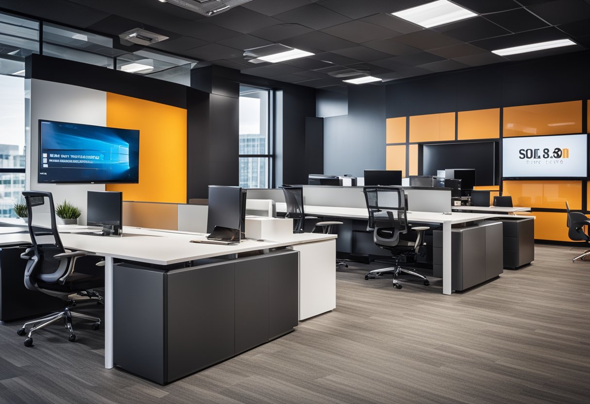 A modern, sleek office space with bold branding elements, vibrant colors, and high-tech marketing displays