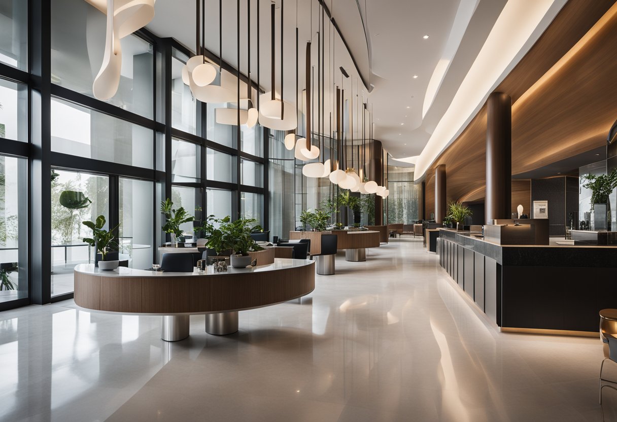 A modern hotel lobby with sleek furniture, a reception desk, and a display of design portfolios. The space is bright with natural light and features a minimalist color palette