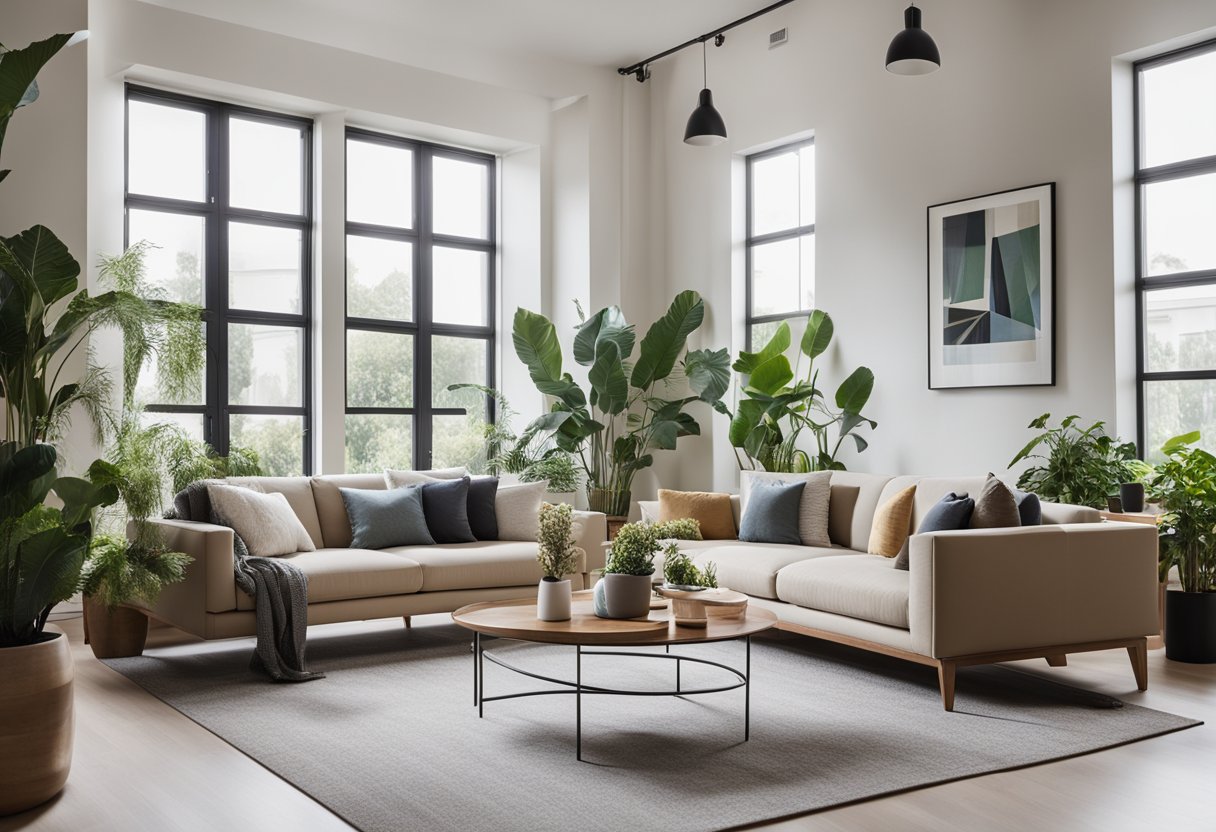 A modern living room with sleek furniture, a neutral color palette, and geometric patterns. Large windows let in natural light, and potted plants add a touch of greenery