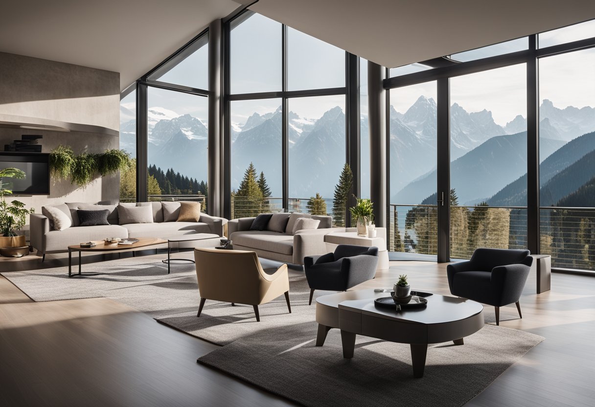 A modern living room with sleek furniture, neutral color palette, and large windows overlooking the Swiss Alps