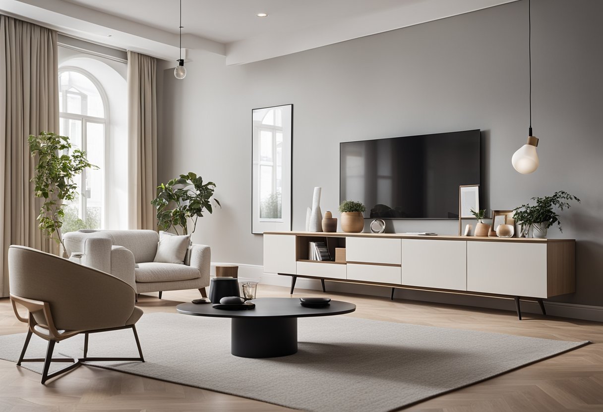 A modern, minimalist living room with clever storage solutions and sleek furniture. Light color palette to create an illusion of space