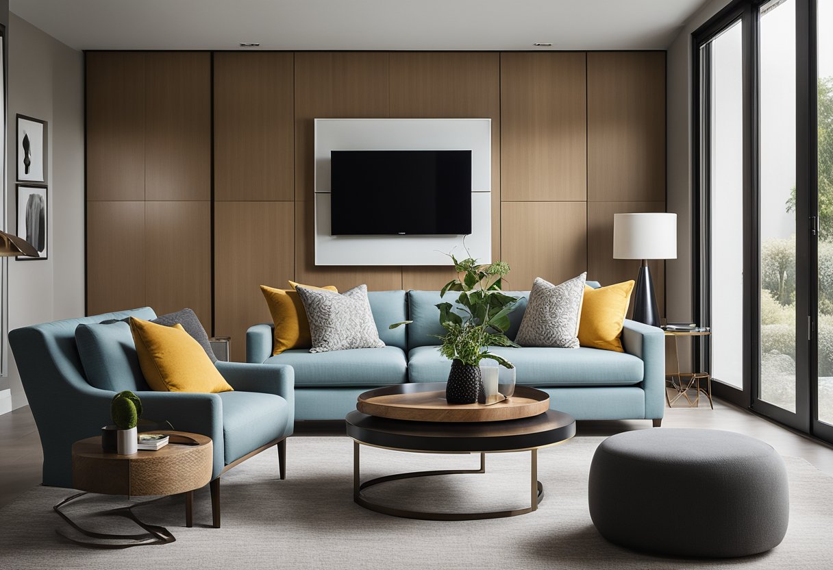 A modern living room with sleek furniture, clean lines, and pops of color. Natural light floods the space, highlighting the elegant design elements