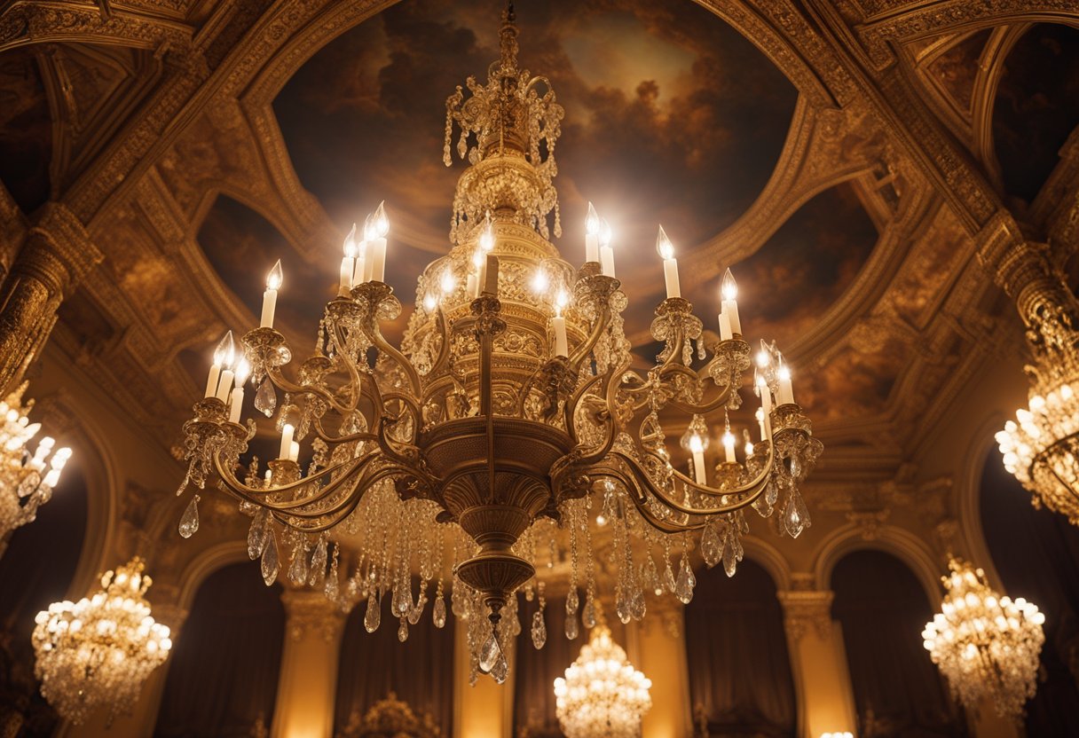 A grand chandelier hangs from the high ceiling, casting a warm glow over the ornate furniture and intricate tapestries adorning the walls of the traditional European interior